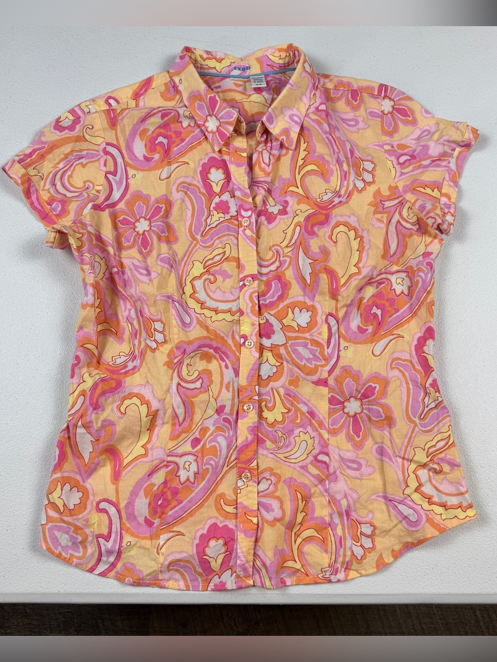 Izod Button Down Shirt Womens M Medium Short Sleeve V Neck Yellow Pink Orange